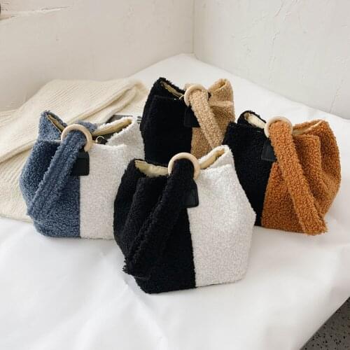 Fashion Splicing Color Women Crossbody Handbags Autumn Winter Casual Woolen Ladies Shoulder Messenger Bucket Bags
