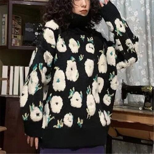 Christmas Womens Sweater Winter Turtleneck Knitted Pullover Top Fall Women Clothes Jacquard Loose Long Sleeve Oversized Sweater