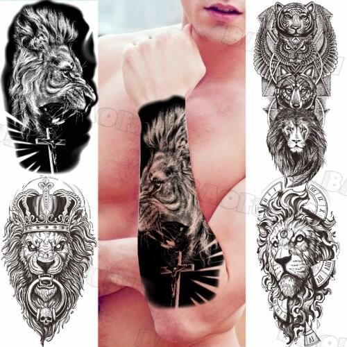 Black Big Lion Cross Temporary Tattoos For Men Adult Tiger Wolf Owl Fake Tattoo Sticker Custom Armband Body Art Waterproof Tatoo
