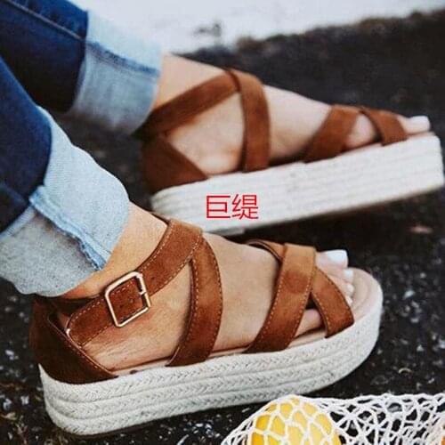 Women sandals Flock Buckle Strap 6CM Wedges High heels Round Toe Shallow women shoes sandalias mujer 2020 size 35-42 black white