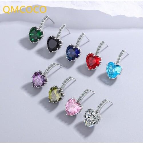 QMCOCO 925 Silver Stud Earrings For Women Trendy Creative Fashion Sparkling Zircon LOVE Heart-Shape Bride Jewelry Gifts