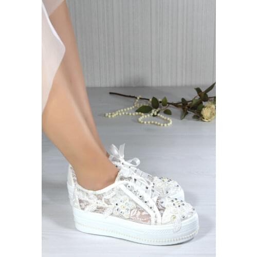 Nicole Ladies Bridal Women Pearl Lace Luxury Crystal Handmade Fashion Platform Highand Flat Heel White Wedding Shoes