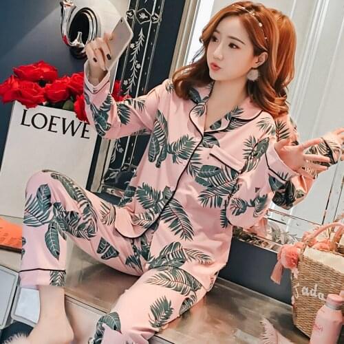 2020 2 Pieces Women Pajamas Sets with Pants Long Sleeve Turn-down Collar with Pocket Pyjama Cute Cartoon Button Top+Pants Pijama