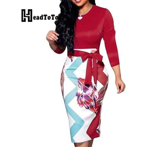 Chic Colorblock Print Long Sleeve Bodycon Dress Women Elegant Mid-calf Casual Dress