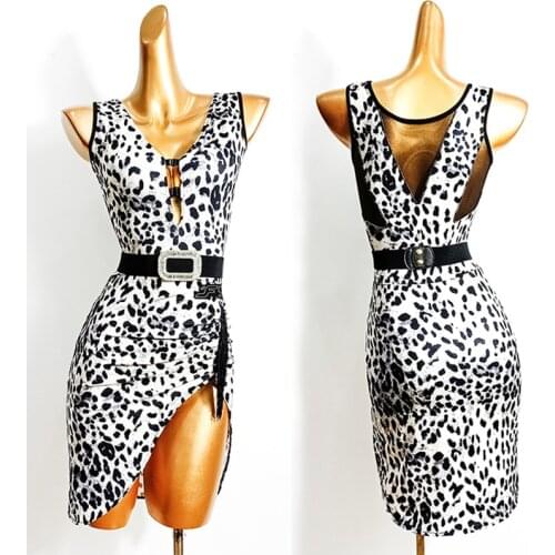 Sexy Slit Latin Dance Dress Leopard Fringe Dresses Ladies Competition Costume Women Tango Latin Practice Clothes Wear VDB2256