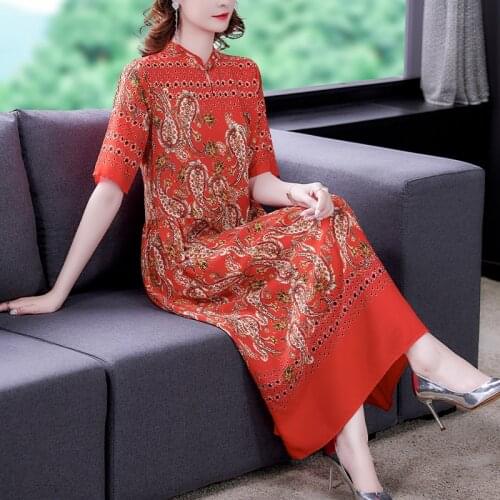 4XL Plus Size Loose Floral Chiffon Midi Dress 2021 Summer Vintage Casual Chinese Style Dress Women Elegant Bodycon Party Vestido