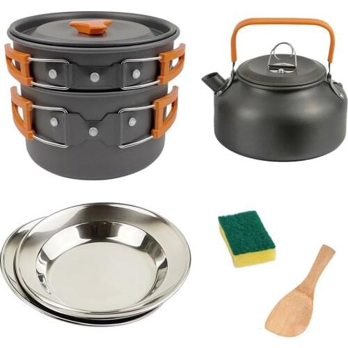 7Pcs Portable Outdoor Camping Picnic Pot Teapots Dish Plates Shovel Cookware Set Camping Cookware Utensils Tableware Kettle Pot