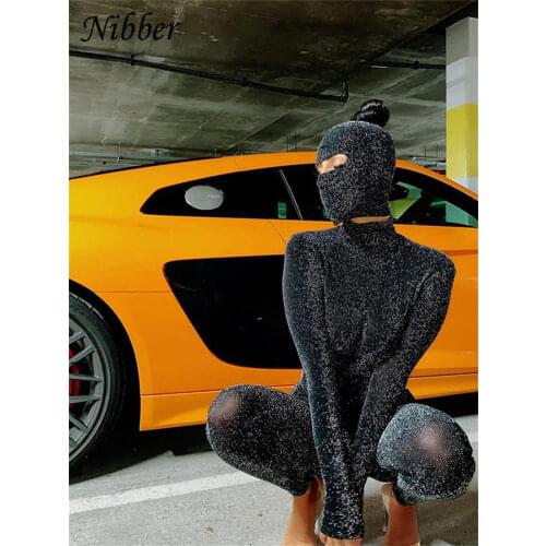 Nibber Glitter Silk Mask Playsuits 2Two Pieces Jumpsuits For Womens Sexy Backless Club Party Wear Long Sleeve One Piece Outfit