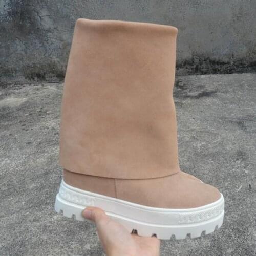 New Girls Fashion Brown Platform Round Toe Mid-calf Boots 10 cm Height Increasing Slip On Casual Thick Heel Short Fold Boots