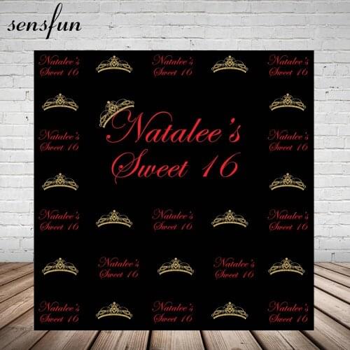 Sensfun Girls Sweet 16 Party Decorations Backdrop For Photo Studio Gold Crown Red Letters Black Backgrounds Photo Both Vinyl