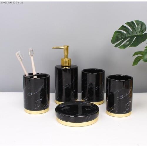 Black Gold Marble Bathroom Supplies Toothpaste Dispenser Ceramic Lotion Bottle Toothbrush Holder Cotton Swab Box Storage Tray