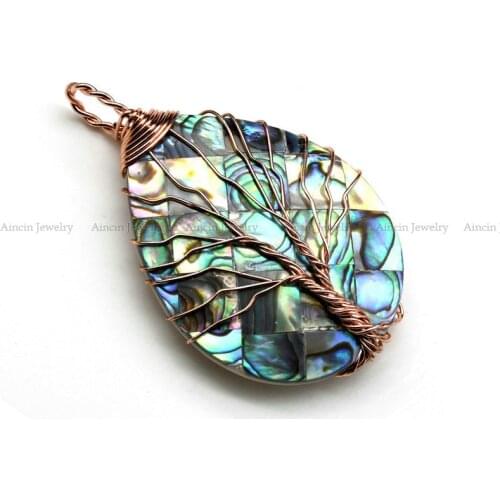 Waterdrop Shape Natural Abalone Shell Handmade Rose Gold Wire Wrapped Pendant Tree of Life Fashion Women Jewelry 10pcs