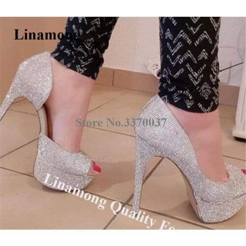 Linamong Shining Bling Bling Rhinestone Peep Toe Stiletto Heel High Platform Pumps Silver Crystal High Heels Wedding Shoes