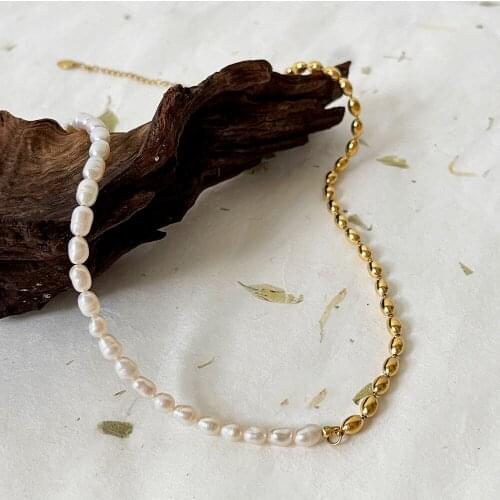 Monlansher Metal Oval Beads Freshwater Pearls Necklace Titanium Steel Pearls Spliced Choker Trendy Wedding Necklaces Jewelry NEW