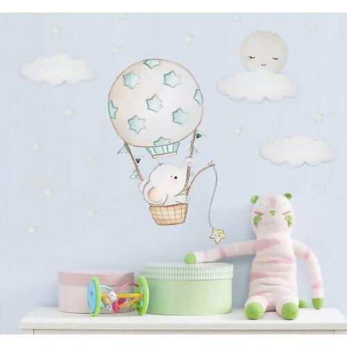 Cartoon Fishing Elephant Wall Stickers for Kids rooms Baby room Nursery Wall Decor Vinyl Wall Decals Hot air balloon Clouds Home