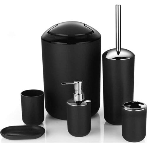 6-piece bathroom accessory set with a variety of color options. plastic