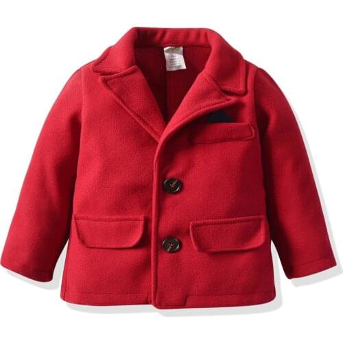 2-7Y Autumn Winter Little Boy’s Gentleman Woolen Coat, V-neck Solid Red Color Long Sleeve Button Top with Pocket
