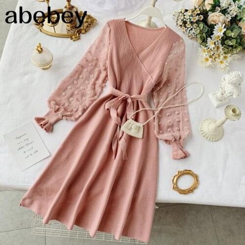 Romantic Women Knitted Pink Party Dress 2019 Fall Winter V Neck Elegant Chiffon Long Sleeve Sashes Dress Ladies Dress