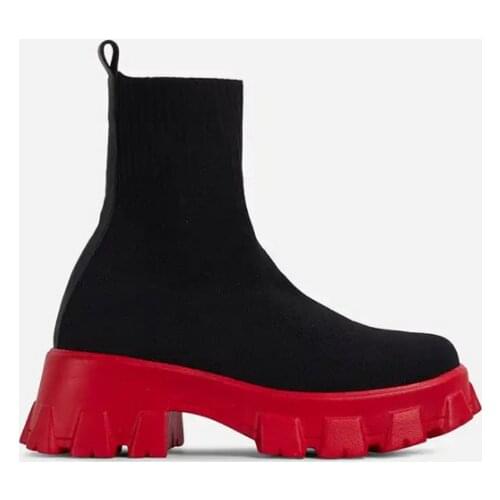 New Autumn and Winter Red Chunky Sole Platform Sock Boots Stretch Fabric Shoes Women Mid-Calf Thick Heel Chelsea Biker Booties