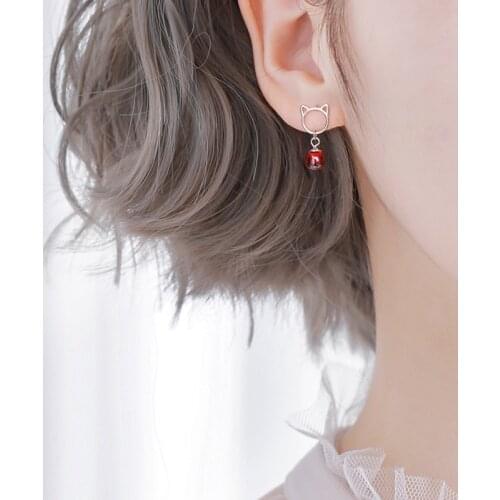 Red Natural Stone Cute Cat Siver Plated Earrings Simple Personality Exquisite Small Earrings For Women Girl Gift Jewelry