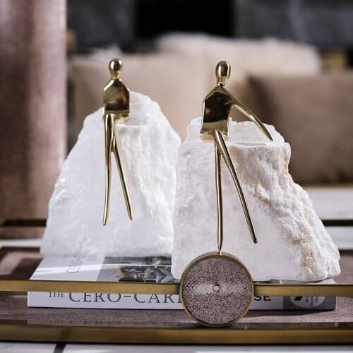 Modern Abstract Brass Figure Think Sit On Natural Spar Stone For Home Room Hotel Designer Soft Decor Coffee Table Furnishing