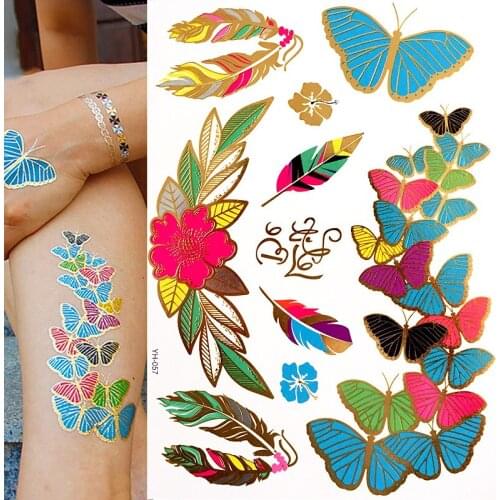 Super Metallic Gold Silver Black Jewelry Temporary Bling Color Butterfly Tattoo 1 Sheets