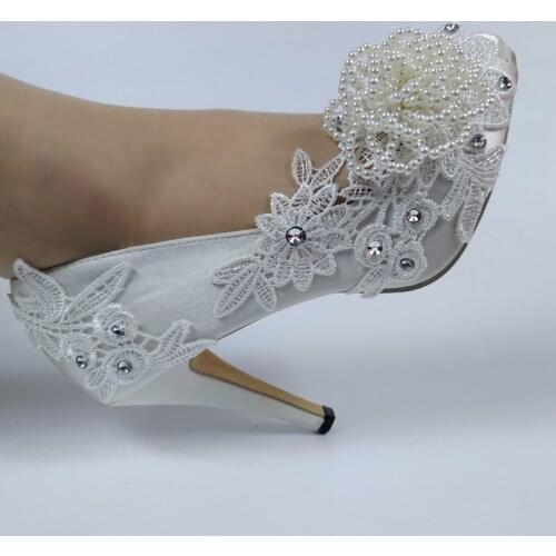 BaoYaFang Beading wedding shoes Peep Toe white lace shoes Flower party shoes woman Open Toe High heel Pumps Thin Heel Shallow