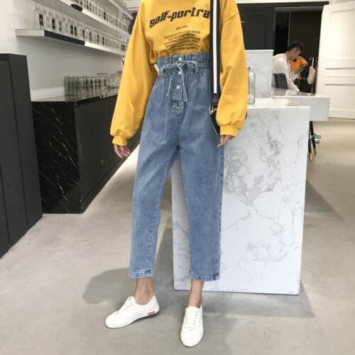 Korean Sashes Button Harem Pants Plus Size 2021 Ruffles Jeans Woman Autumn Elastic Waist Boyfriend Trousers Vintage Jeans Denim
