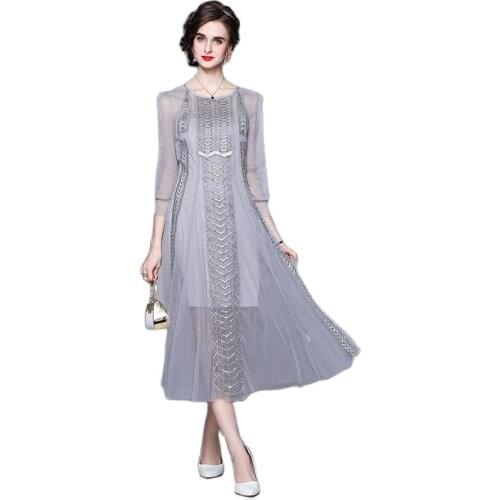 BunniesFairy 2021 Spring Summer Hepburn Vintage French High End Women Gauze Heavy Industry Beading Mesh Dress Apricot Pink Gray
