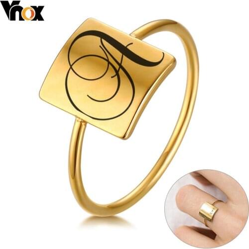 Vnox Minimalist Square Signet Rings for Women Personalized Name Stamp Band Gold Tone Stainless Steel Jewelry Custom Initial Gift