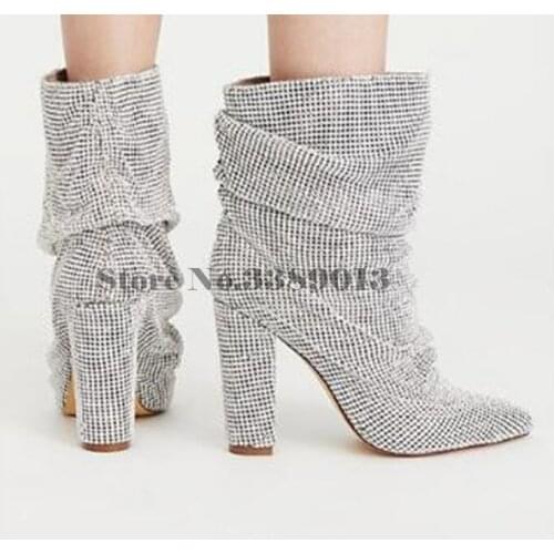 Women spring Autumn shoes Shiny winter boot ladies high heels rhinestone square heel classic crystal ankle boots