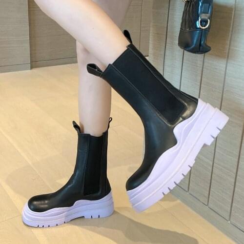 2021 Autumn Winter Platform Women Shoes Fashion Mixed Colors Leather Ankle Boots Ladies Slip On Square Low Heel Short Boots