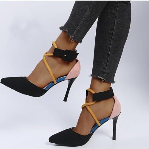 Women Sandals Pumps Cross Straps Fashion Shoes Female Ankle Buckle Strap Ladies Party High Heels Black Pink Shoes Size 35-43