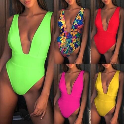 Deep v-neck one piece swimsuit female monokini neon biquini Floral print swimwear women 2021 summer High cut sexy bikini