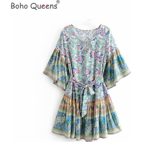 Boho Queens Women hippie purple floral print deep V-neck Bohemian mini dress ladies bat sleeve happie dresses vestidos