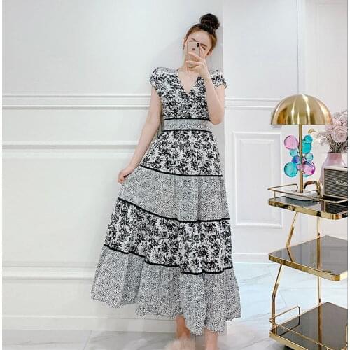Elegant Korea Flora Print Long Maxi Dress for women Summer Short Sleeve v-neck Polyester Sundress Sexy Ladies Office Dresses