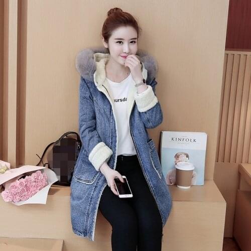 Casual Streetwear Women Big Fur Collar Denim Hooded Coats Winter Thick Warm Lambswool Liner Female Medium Length Coats Plus Size