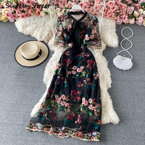 Maxi Dresses for Women Summer Vintage Clothing Women Mesh Embroidered Flower Y2k Vestido De Mujer Sexy Dress Female Luxury 2021