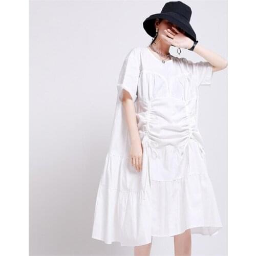 Short Sleeve Drawstring Black White New Summer Dress Women Fashion Tide Fold Loose Long Dress Knee Length
