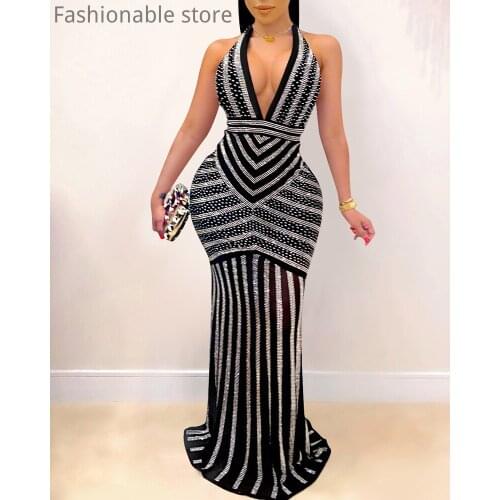 Women Sexy Deep V Neck Halter Backless Rhinestone Mermaid Party Dress
