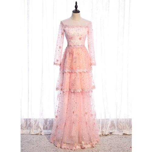 Vestido De Festa Pink Evening Dress A-line Formal Dress O-Neck Long Sleeve Evening Dresses Long Dress 2021 Style Robe De Soiree