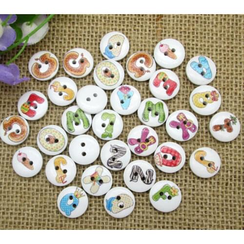 100Ps Fashion Mixed White Round Cute Letter Series Pattern Wooden Buttons For Clothes Crafts Sewing Scrapbooking DIY Accessories