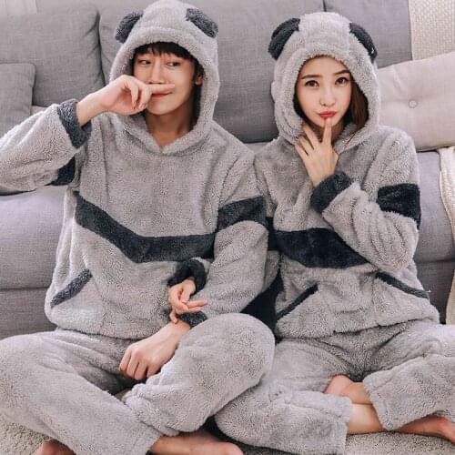 2021 Winter Couples Long Sleeve Hooded Thick Warm Flannel Pajama Sets for Men Coral Velvet Sleepwear Women Homewear Home Clothes