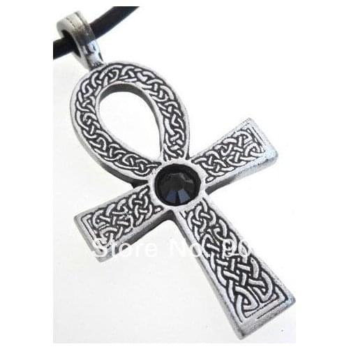 30pcs a lot antique silver plated religious ankh cross with black crystal pendant necklace jewelry