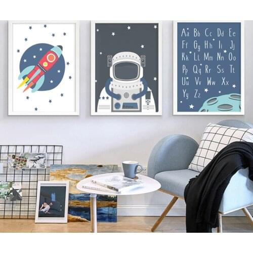 Cartoon Space Theme Nursery Astronaut Rocket Posters And Prints Wall Art Painting Picture For Children Bedroom Boys Room Decor