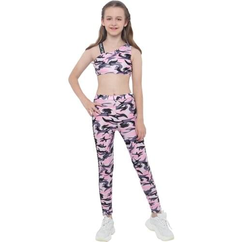 Kids Girls Camouflage Sports Set Ballet Dance Outfit Tank Crop Tops with Pants Set Children Tracksuit Yoga Workout Sportwear