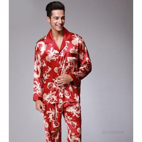 Men Summer Spring Silk Pajama Sets 2 Pieces Suit Male Homewear Plus Size Turn-Down Collar Lounge Wear Dragon Print Pijamas Long