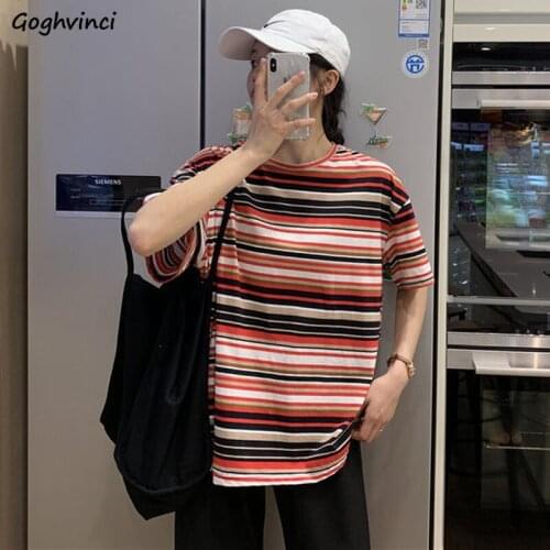 T-shirts Women Striped O-neck Half Sleeve Loose Large Size Korean Style Soft Student Casual Chic All-match Aesthetic Tops Summer