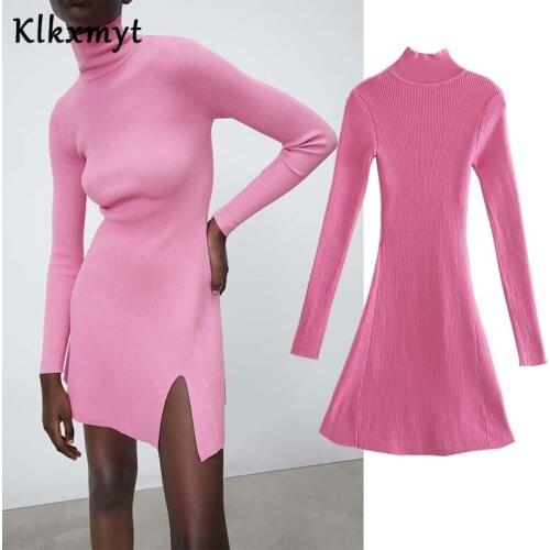 Klkxmyt Za 2021 Spring Dress Women New Fashion Knitted Mini Dresses Vintage Long Sleeve Turtleneck Split Fork Female Vestidos