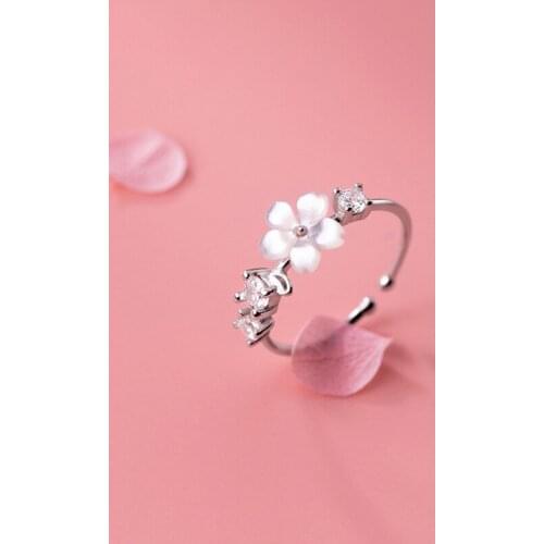 925 Sterling Silver Zircon Shell Flower Rings for Women Open Adjustable Size Finger Fine Jewelry Korean Female Ladies Girls Gift